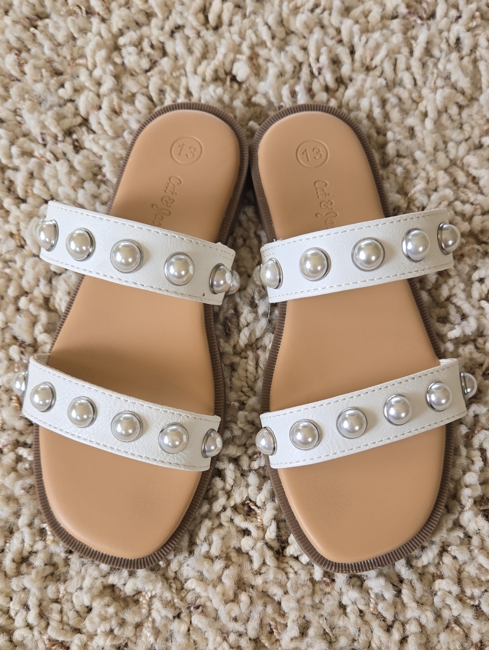 White Pearl-Embellished Cat & Jack Slide Sandals Size 13